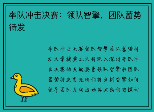 率队冲击决赛：领队智擎，团队蓄势待发